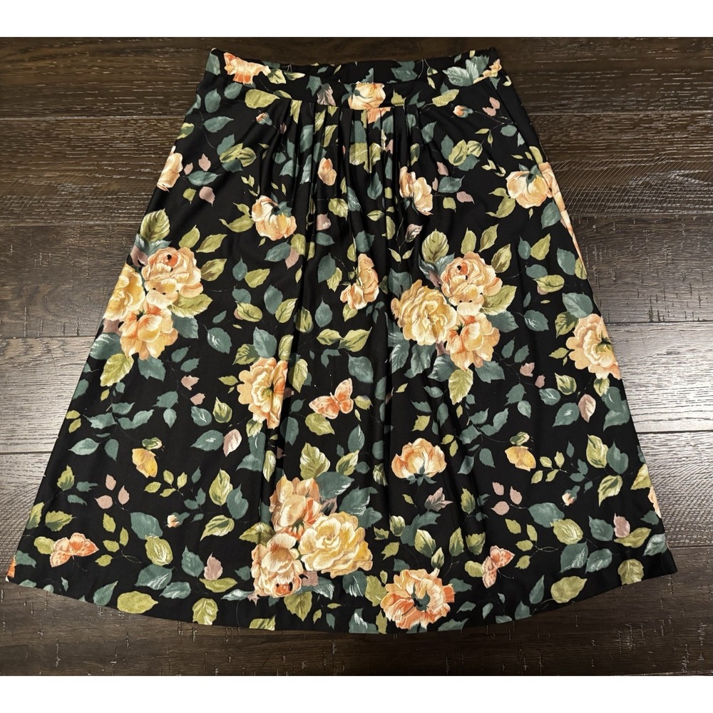 Vintage 1980s Ship 'n Shore Black Botanical Floral Pleated Skirt Womens